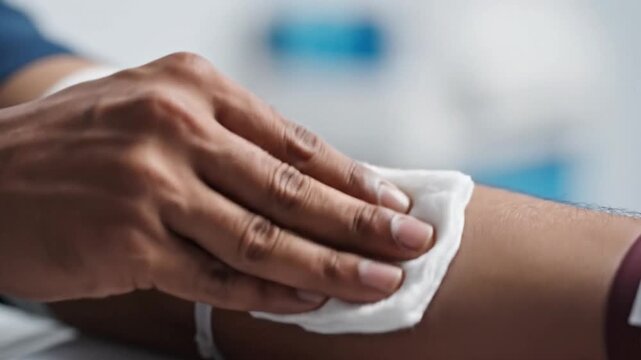 Medical professional gently wiping patient's arm with gauze in a clinical setting