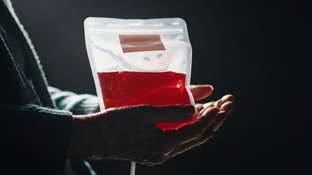 A person holding a blood bag in their hand against a dark background
