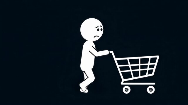 A sad animated stick figure pushing an empty shopping cart, a minimalist depiction of financial hardship.