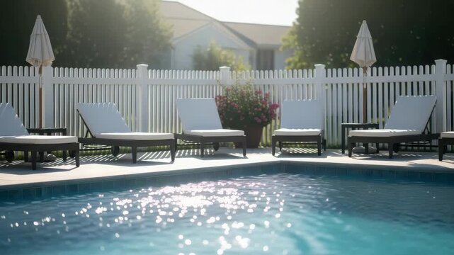 Sunny Exterior Shot Of Swimming Pool With Lounge Chairs Umbrellas Relaxation Recreation In Residential Backyard Offering Space For Leisure For Travel Lifestyle Vacation Themes