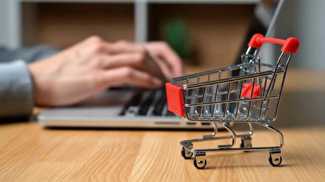 A person shopping online using a laptop with a small shopping cart nearby