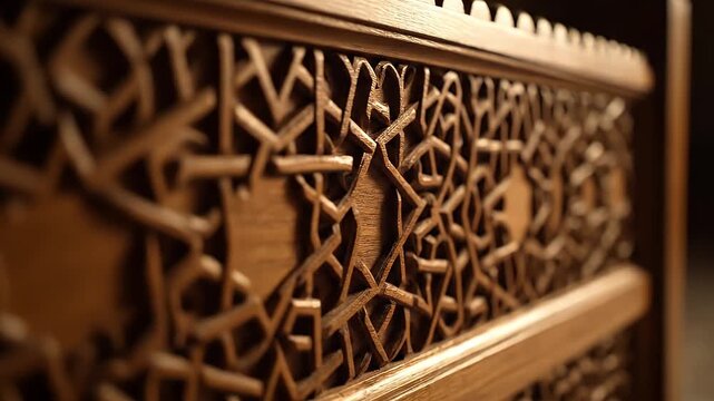 Intricately carved wooden minbar detail with delicate geometric patterns under soft warm light