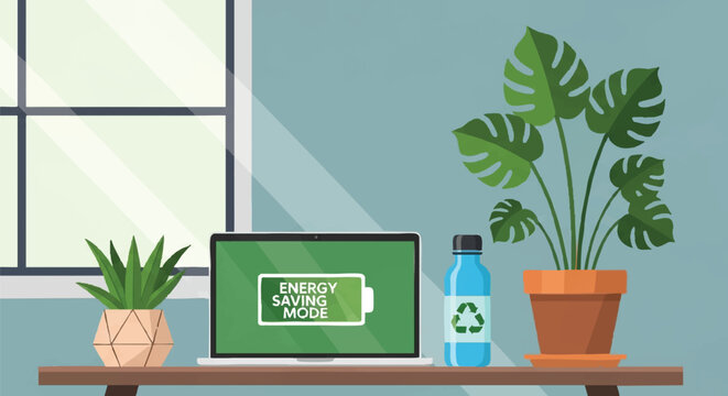 Concept of a sustainable lifestyle with a laptop displaying energy saving mode, a water bottle with recycling symbol, and green plants on a desk near a window