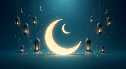 Fototapeta premium Magical ramadan landscape with large glowing crescent moon and multiple hanging lanterns on teal background with sparkling particles and smaller moons