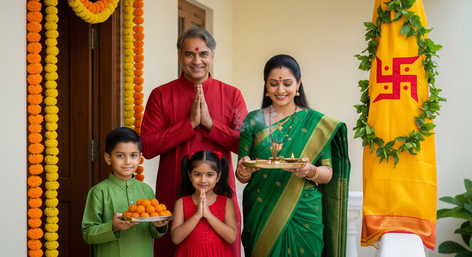 Indian Family Celebrating Gudi Padwa at Home with Traditional Gudi and Puja Ritual
