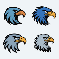 Fototapeta premium Four colorful eagle head emblems in blue, grey, and light blue, exuding confidence and authority.
