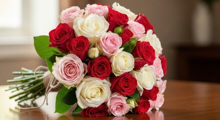 Obraz premium Elegant bouquet of roses in red, pink, and white hues.