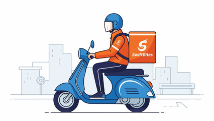A delivery driver on a scooter with a package in front of buildings © PANGERANDESIGN