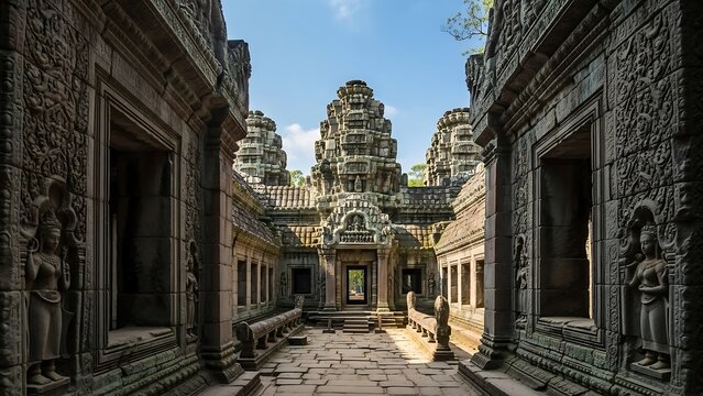Ancient stone temple corridor architecture Cambodia.
