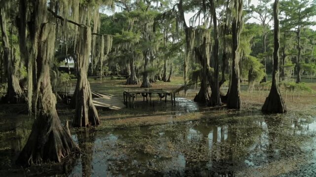 A group walks through the bayou in Louisiana. They take in the tall trees and water while walking on a wooden path. Light from the morning sun shines brightly on the scene.