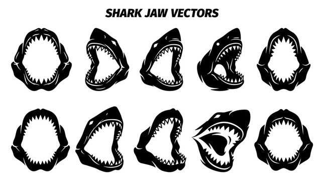 Shark Jaws Vector Silhouette Collection, Monochromatic Open Mouths with Sharp Teeth, Scary Predator Head Icons and Stencils for T-shirt Print, Logo, or Tattoo Design.