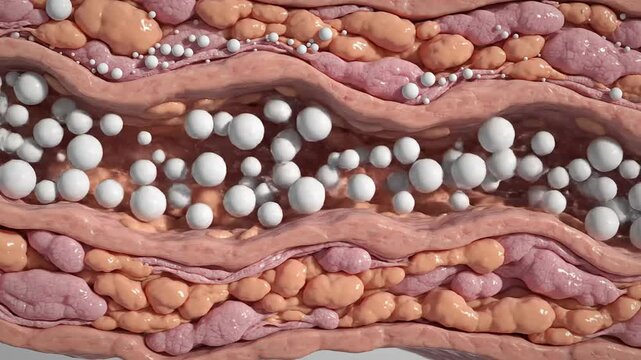 3d scientific visualization of dermal and subcutaneous layers showing adipose tissue structure; conceptual rendering of microparticles penetration for skincare efficacy and anti-aging treatment.