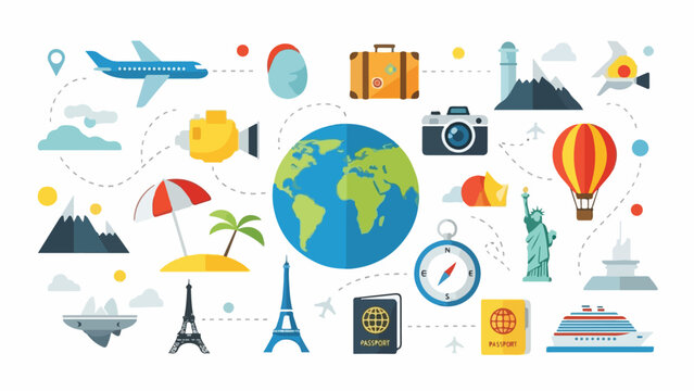 A flat design illustration of travel and global exploration