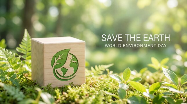 Eco-friendly cube with earth and leaf logo in lush green nature, promoting World Environment Day and saving the Earth.