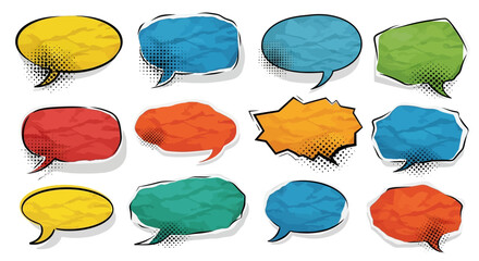 Colored speech bubbles cut out of crumpled paper elements set. Dotted modern retro urban magazine style pop art dialogue balloons. Social media clip art, vector illustration for mixed media design