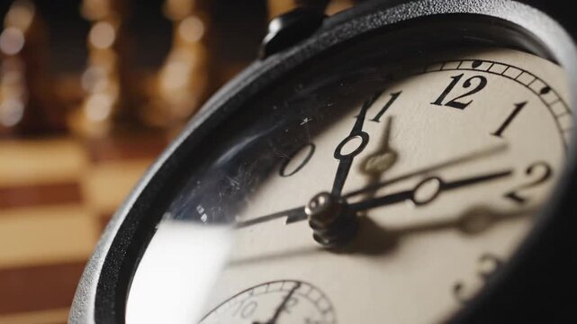 A close-up view of a clock on a chessboard, capturing a strategic moment in a competitive game environment.