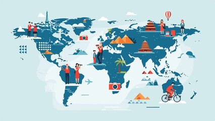 A globe illustration of tourists sightseeing around the world