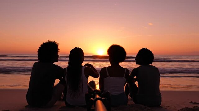 Group of friends sitting together on the beach watching the sunset over the ocean from a rear viewpoint