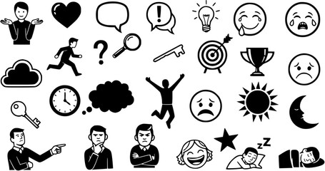 Vector Glyph Icons Collection: Black and White Line Art Symbols of Human Emotions, Business Concepts, and Everyday Life Pictograms.