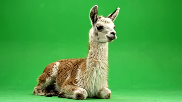 A Young Llama Sitting With a Calm Expression on Green Backdrop