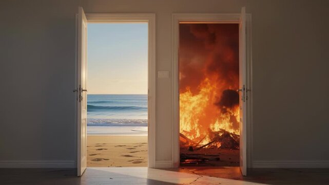 Conceptual dilemma of choice with two doors, one calm beach, other raging fire crucial decision representing future opportunity