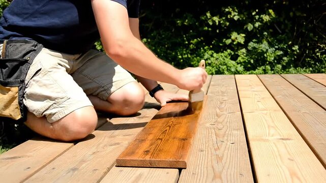 Precision application of protective wood stain enhancing deck board durability and aesthetic appeal for outdoor living spaces and essential home