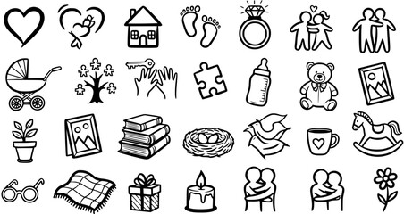 Fototapeta premium Hand-drawn Black and White Line Art Vector Icon Set Illustrating Family, Love, Home, Relationships, and Childhood Concepts