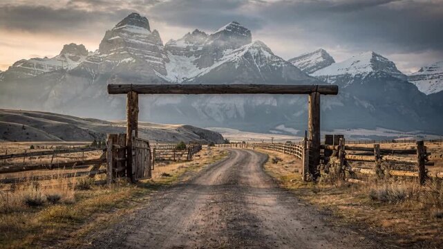 Vast moody ranch landscape with wooden gate entrance over dirt road leading to dramatic, scenic snow capped mountain range