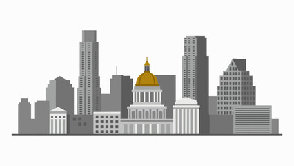Obraz premium Austin skyline vector illustration featuring Texas State Capitol with gold dome. Flat grey cityscape background. USA downtown architecture and travel landmark concept.