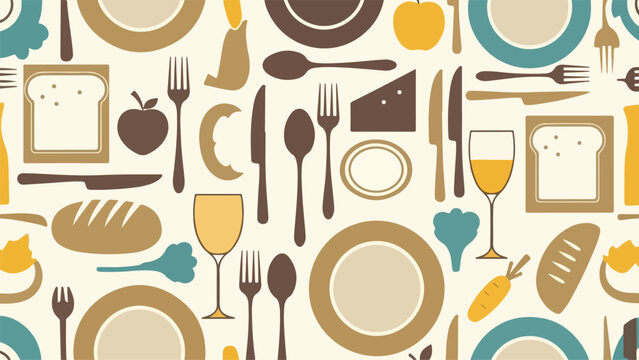 A repeating pattern featuring various dining utensils and food items