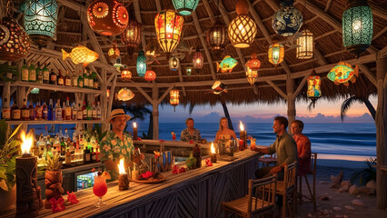 Naklejka premium Tropical Beach Bar at Sunset with Tiki Lanterns and Cocktails