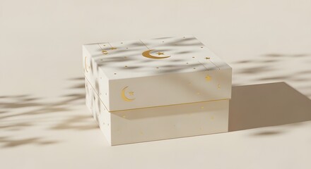 Fototapeta premium Minimalist white ramadan gift box decorated with golden crescent moon and stars patterns on cream background with leaf shadows for festive celebration