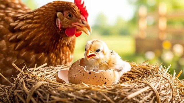 Captivating time-lapse of a fluffy chick hatching from an egg, a marvel of nature observed by a watchful hen
