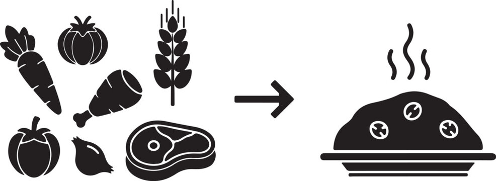 Food preparation process vector icon. Ingredients like carrot, tomato, meat, garlic, wheat transforming into a hot meal on a plate, isolated on white