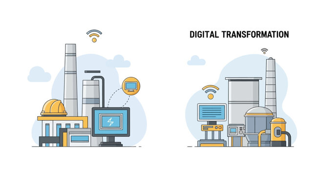 An illustration of a smart factory concept with robotic equipment, including a robotic palletizer, pick and place robot, and case packer robot, against a clean white background with a