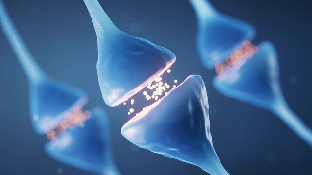 Medical 3d illustration showing synapse process in human brain with glowing neurotransmitters for medical concept