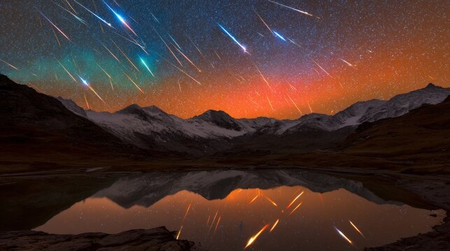 meteor. Night sky ablaze with electric blue and fiery orange meteor trails mirrored in a tranquil lake. travel magazines, destination branding, designed for outdoor magazines and nature guides.
