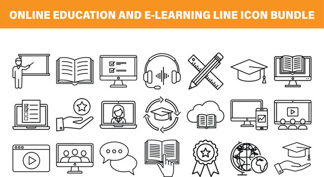 Online education and e-learning line icon bundle. Digital learning, remote classes, and student resources, flat outline vector illustration.