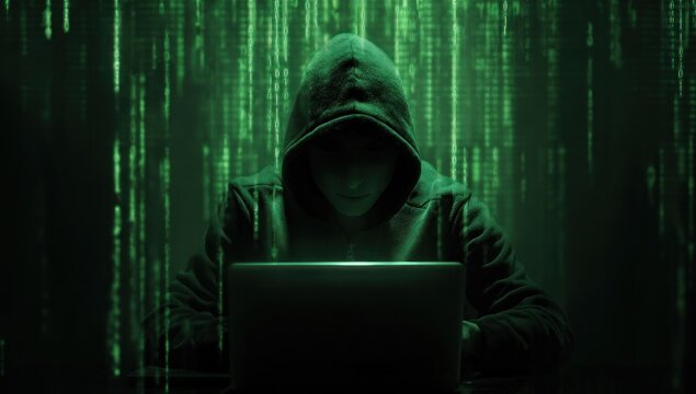 Hooded hacker working on a laptop in a dark room with green code rain.