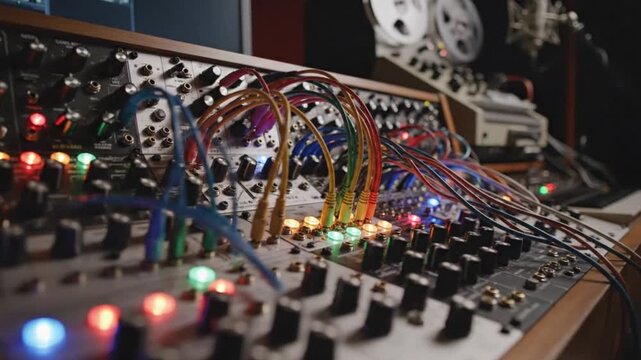 Modular Synthesizer Setup with Colorful Patch Cables in Studio