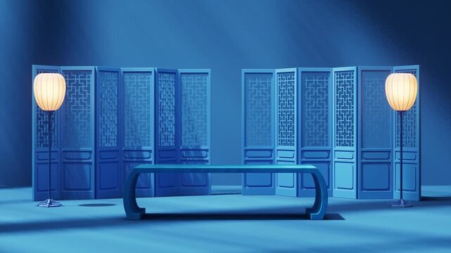 A serene blue studio scene with traditional chinese screens, a modern blue bench, and two glowing floor lamps, bathed in shifting sunlight and shadow