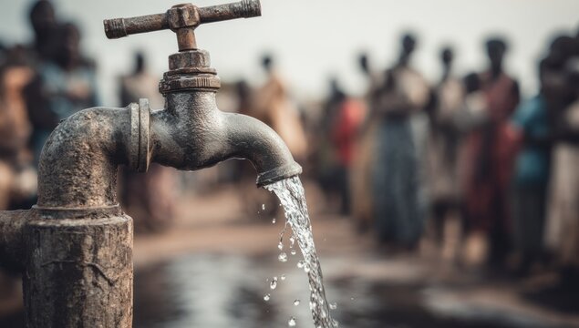 Old metal faucet with flowing water in front of a crowd of people in a developing country.
