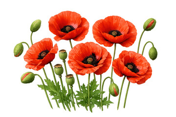 Fototapeta premium Red poppy flowers with buds, delicate petals opening, vibrant botanical scene on transparent background