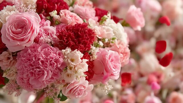 Vibrant floral arrangement featuring roses carnations and falling petals