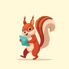 Obraz premium A smiling squirrel walking while reading a light blue book