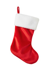 single scarlet red plush christmas stocking featuring a thick white faux fur cuff, isolated on a bright white studio background with clean copy space, traditional holiday spirit concept