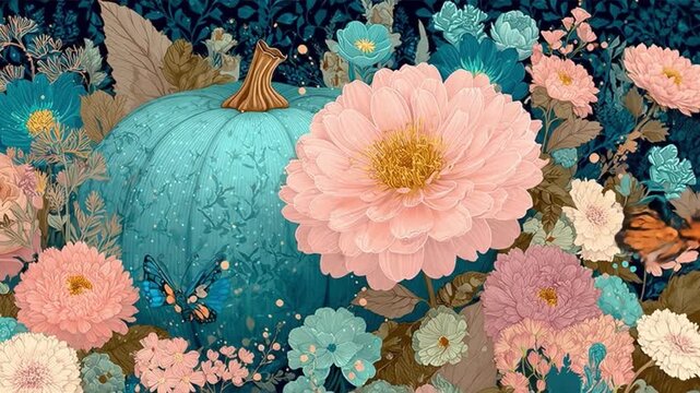 Vibrant floral composition featuring a turquoise pumpkin and butterfly