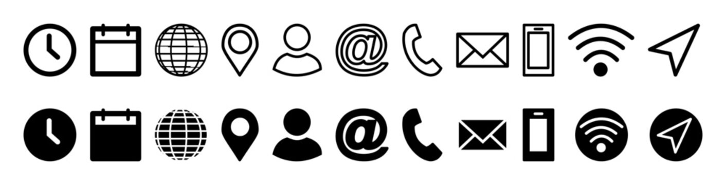 Business card contact information icon set. Containing name, address, location, mail, email, telephone, cell phone and website. Transparent background SVG version.