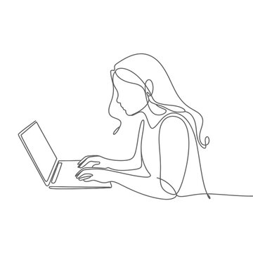 Continuous line drawing of a woman using a laptop computer