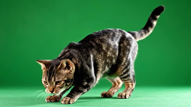 A tortoiseshell cat on green background.